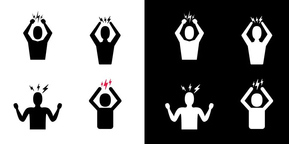 Headache and depression icon set. Angry Man Silhouette black and white symbol Stock Illustration