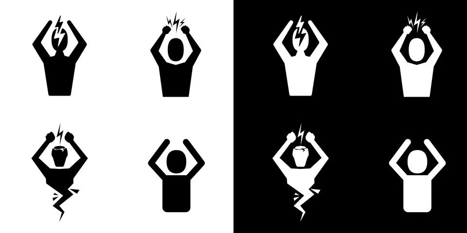 Headache and depression icon set. Angry Man Silhouette black and white symbol Stock Illustration