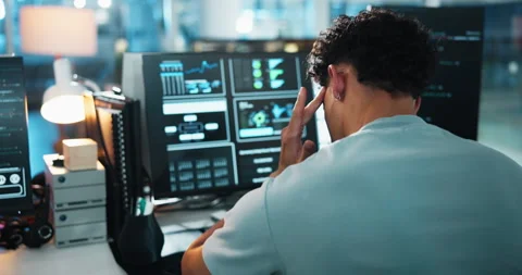 Headache, back and programmer with person and computer for software developer Video stock 335927170