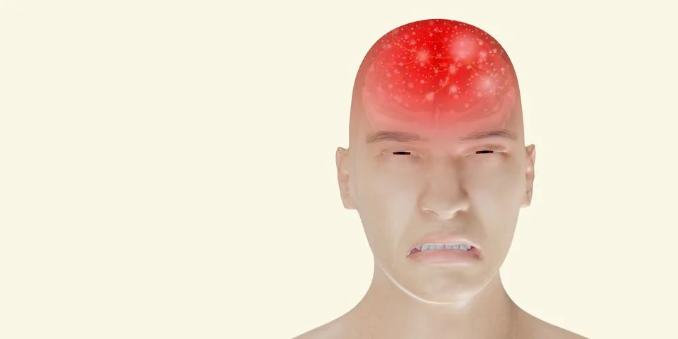 Headache brain system problems skull pain face man showing headaches 3d Stock Illustration