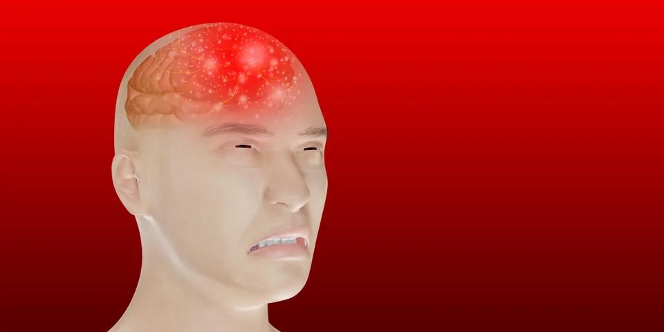 Headache brain system problems skull pain face man showing headaches 3d Illustrazione stock