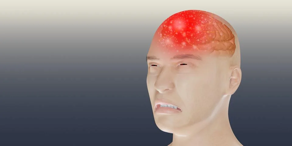 Headache brain system problems skull pain face man showing headaches 3d Stock Illustration