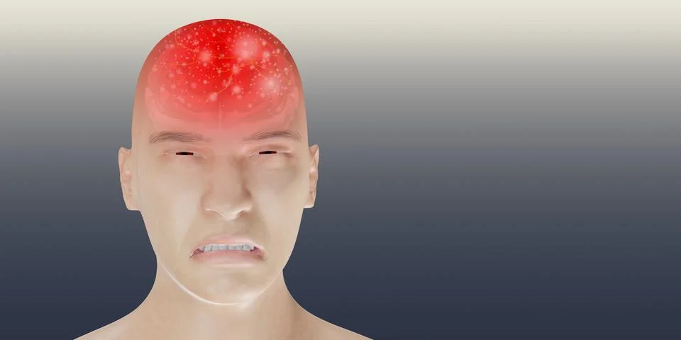 Headache brain system problems skull pain face man showing headaches 3d Stock Illustration