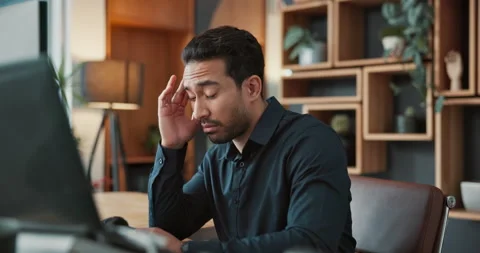 Headache, computer and business man with stress, frustrated and burnout for Stock Footage 341573900