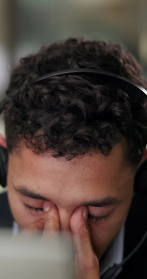 Headache, computer and man in office with headset, system fail and overworked in Stock Footage 341075093