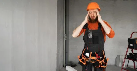 Headache concept. stressed male builder or civil engineer suffering from he.. Stock Photos