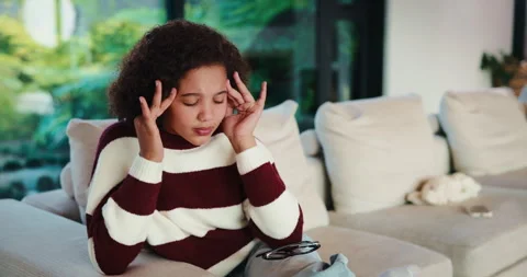 Headache, eye strain and child in home with pain for wrong glasses, tired and Stock Footage 335526433