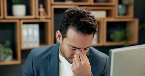 Headache, fatigue and businessman with computer in office with deadline for Video stock 342335388