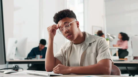 Headache, graphic designer and man in workplace with stress, online error or Stock Footage 294694563