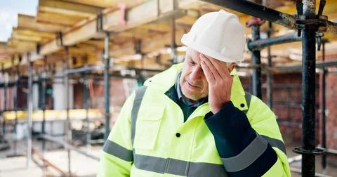 Headache, man and construction worker on site with fatigue, burnout or mistake Stock Photos