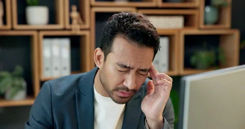Headache, mistake and businessman with computer in office with deadline for Video stock 342334739
