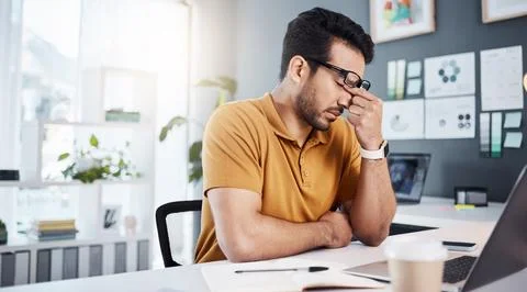 Headache, office burnout and man with mistake, pain or stress from software Stock Photos