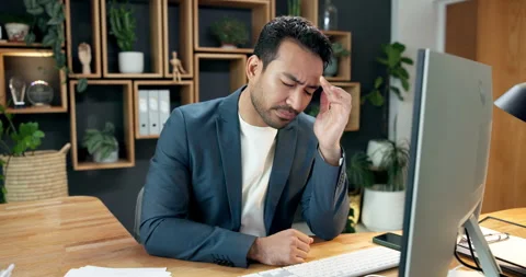 Headache, stress and businessman with computer in office with deadline for Video stock 342336063