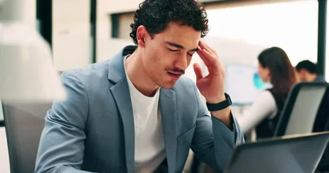 Headache, tired or man in office with laptop, brain fog or audit mistake on Stock Footage 336245490