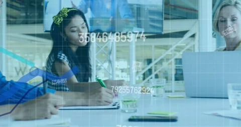 Headband woman taking notes using green pen following business data as lead Stock Footage 334036779