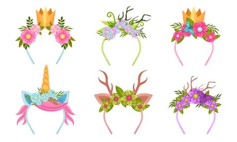 Headbands with Flowers and Decorative Elements like Horns and Crown Vector Set Stock Illustration