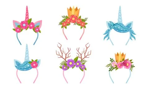 Headbands with Flowers and Decorative Elements like Horns and Crown Vector Set Illustrazione stock