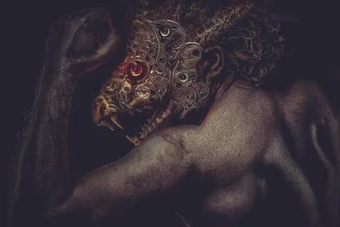 Headed man and robot monster concept nightmares Stock Illustration