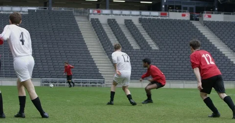 Header ball hits goal post in soccer match Vidéo 80523801