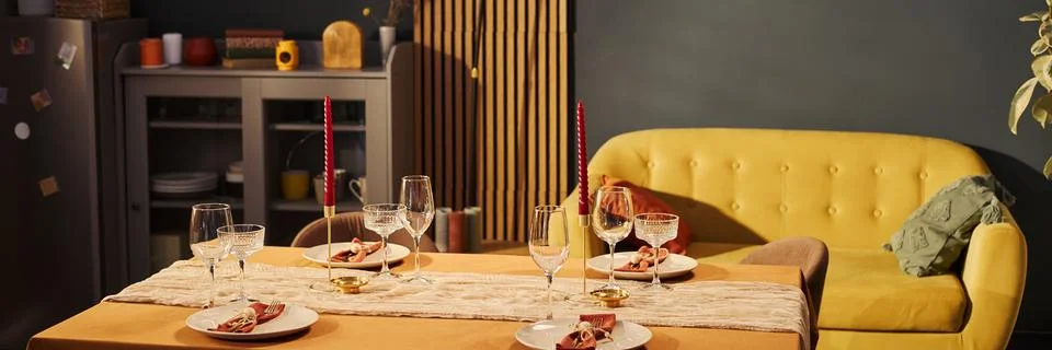 Header of Festive Dinner Table Setting Prepared for Holiday Celebration Stock Photos