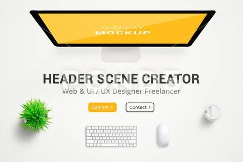 Header scene creator. Web designer desk PSD Template