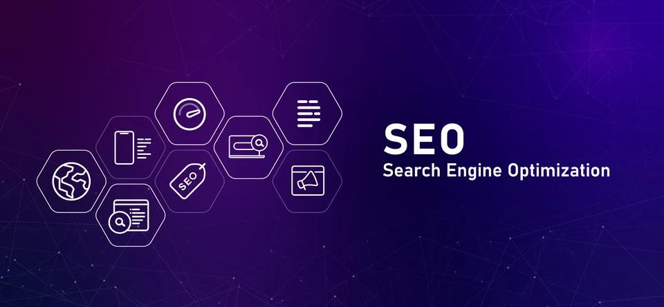 Header Search Engine Optimization SEO outline icons analytics on page Stock Illustration