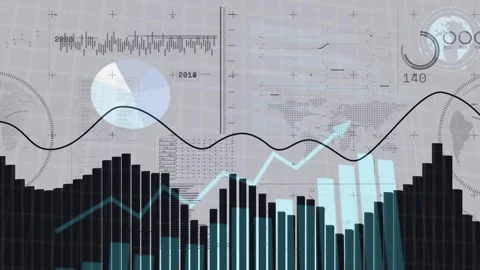 Header text appearing, dashboard animating with bars rising and falling, trend Stock Footage 334466251