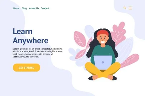 Header for website with a girl browsing internet on laptop Stock Illustration