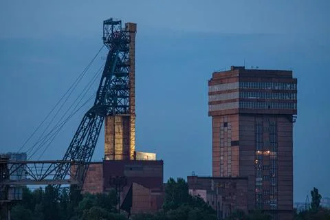 Headframe of the old soviet mine at night. Kryvyy Rih, Ukraine. Stock Photos