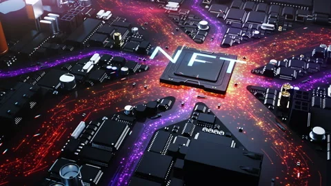 Heading "NFT" above the processor. city stylized from computer components and Stock Footage 221685791