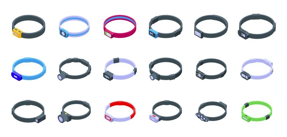 Headlamp icons set isometric vector. Head flash Stock Illustration