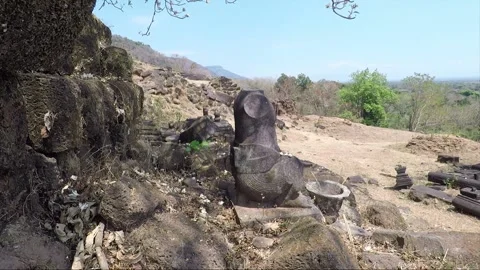 Headless dvarapala statue on the mountain, Vat Phou Temple, Champasak, Laos Stock Footage 155401262