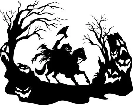 Headless Horseman Silhouette Running Axe And Jack's Lantern Pumpkin Head Stock Illustration
