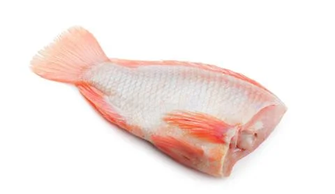 Headless red tilapia fish isolated on white background Stockfoto's