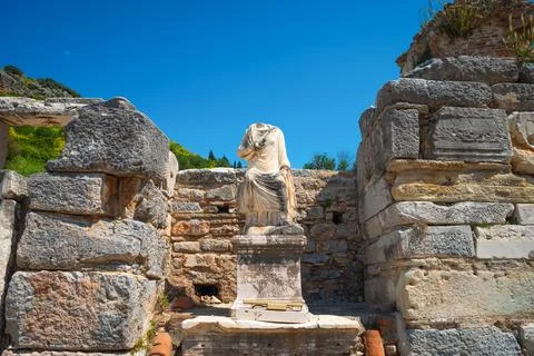 Headless statue of Scholastica. The bath complex, was restored in the 4th c.. Stock Photos