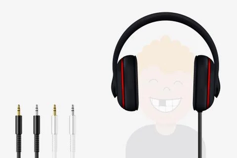 Headphone and Mini Jack Plugs. Joyful Boy Listening to Music Stock Illustration
