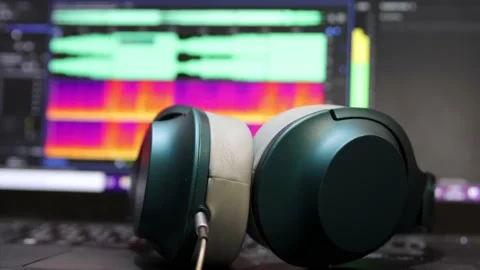 Headphone being placed on laptop with sound mixing and spectrum in background. Stock Footage 158370341