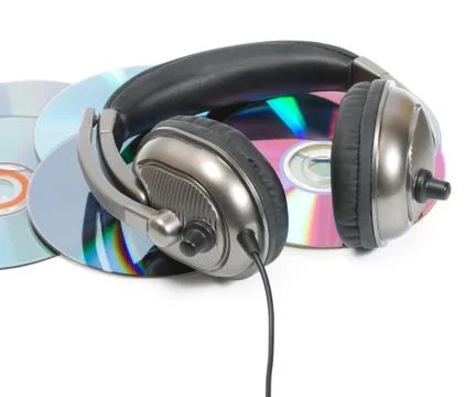 Headphone in CD stack Foto stock