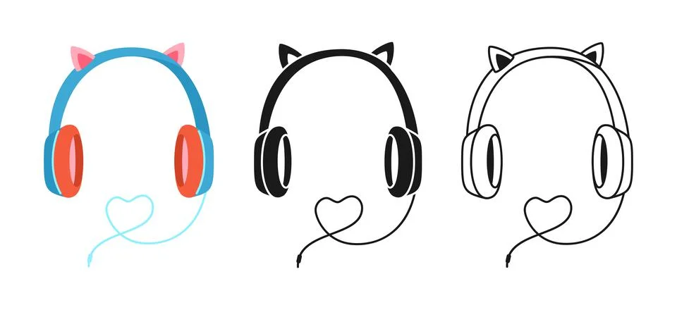 Headphone headset comic icon drawn stamp, doodle line set earphone sign call Stock Illustration