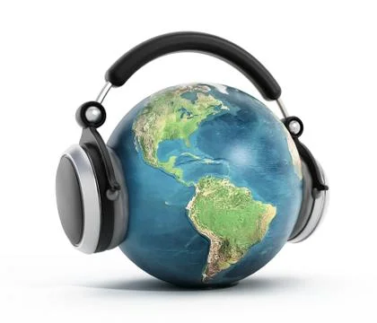 Headphones on blue globe.  Elements of this image furnished by NASA. Stock Illustration