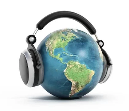 Headphones on blue globe. Elements of this image furnished by NASA. Headph... 스톡 사진