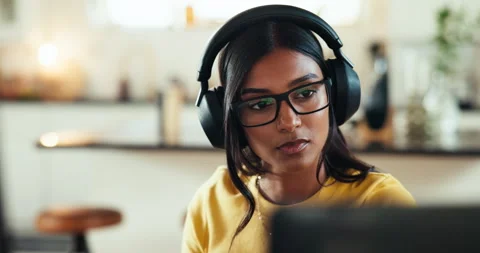 Headphones, coder and computer with woman at home for freelance developer Stock Footage 301175205