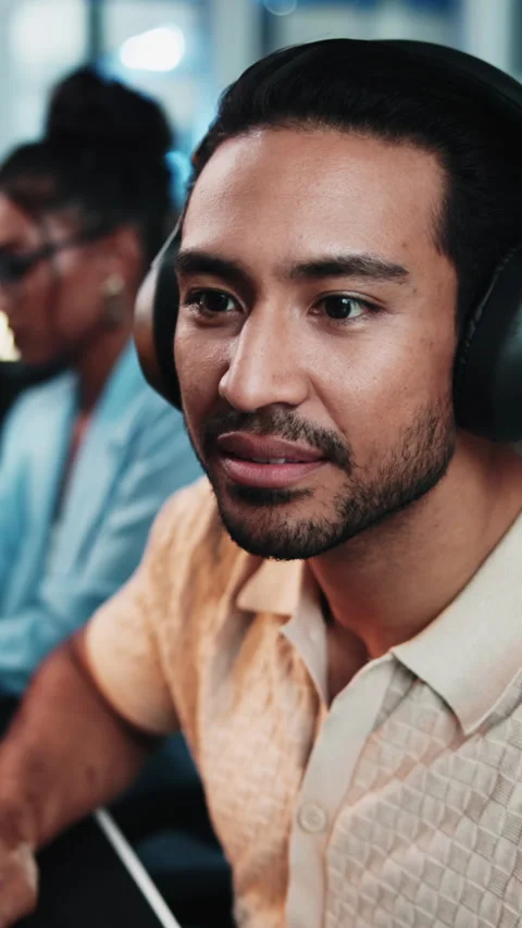Headphones, dancing and man with reading in office, planning app update or Stock Footage 333233020