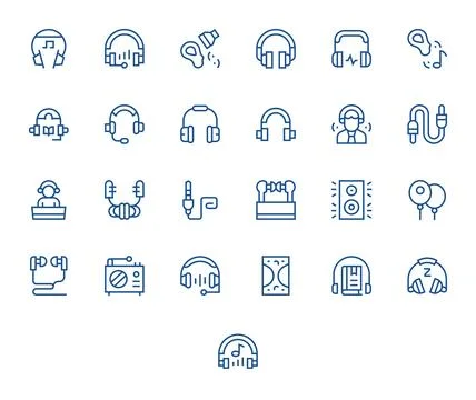 Headphones Digital Vector Pack containing 25 Pixel Aligned Regular Line 64x.. Stock Illustration