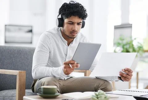 Headphones, document or man with tablet in office, insurance agent or readi.. Stock Photos