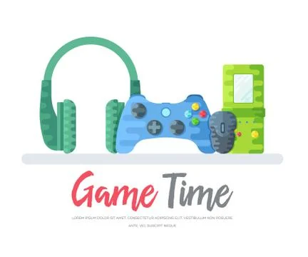 Headphones with gamepad and mouse with tetris toy over game time words. Layout Stock Illustration