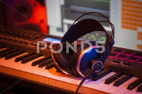 Headphones in a home studio Stock Photos