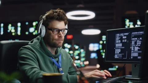 Headphones man coding computer in server room closeup. Developer listening music 스톡 사진