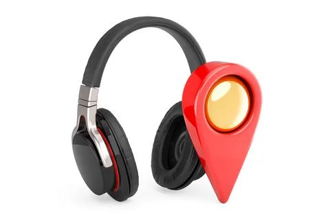 Headphones with map pointer. 3D rendering Illustrazione stock