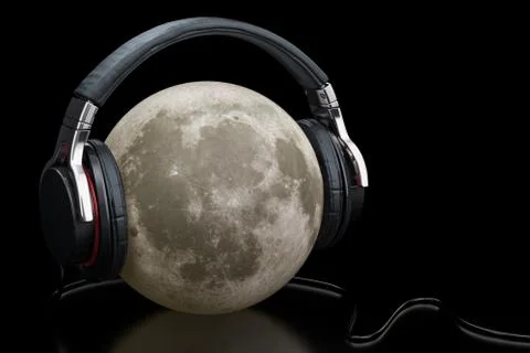 Headphones with moon, 3D rendering isolated on black background Ilustração Stock